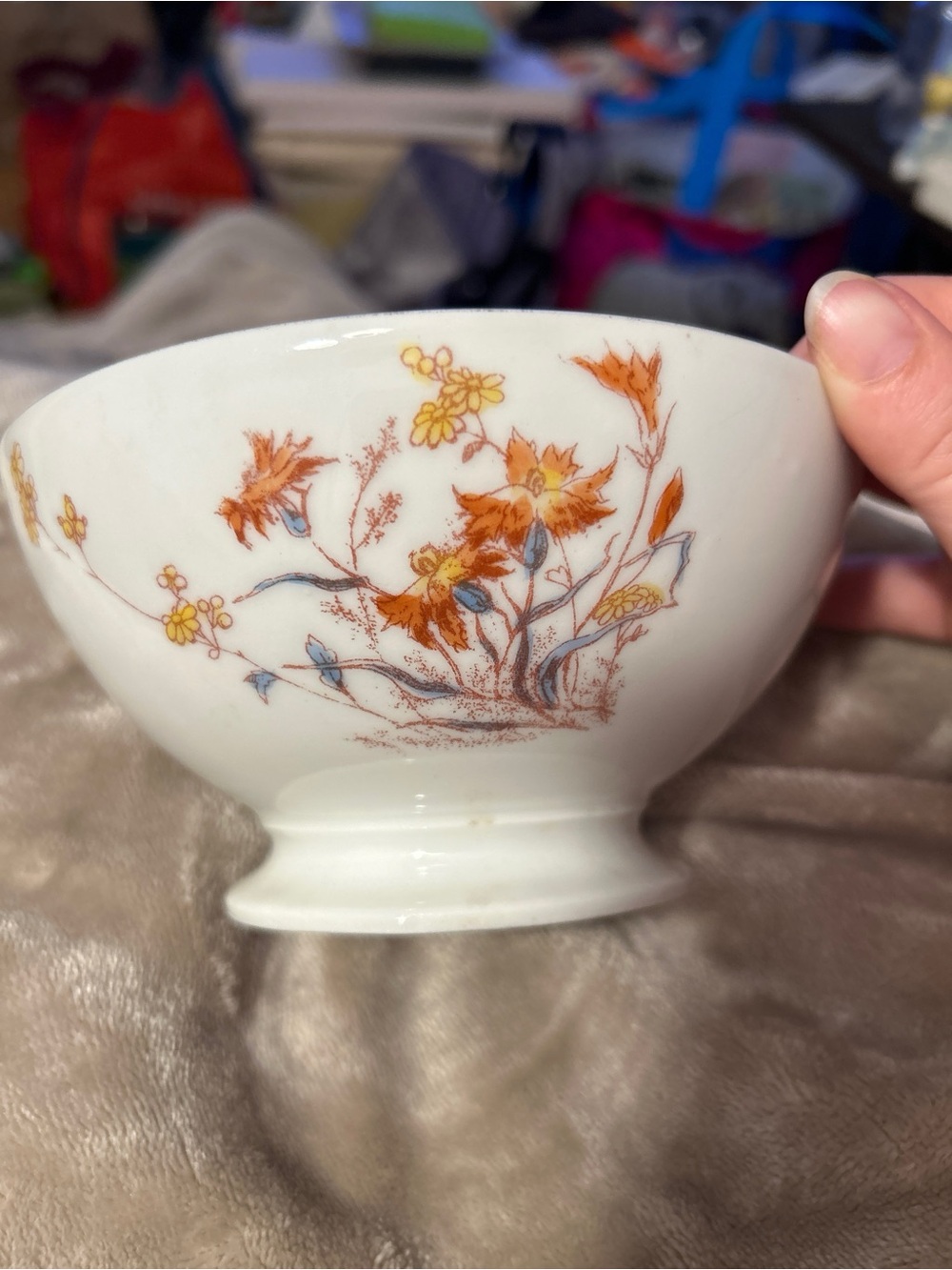 JP L FranceVintage Floral Porcelain Bowl in White with Orange and Yellow Flowers